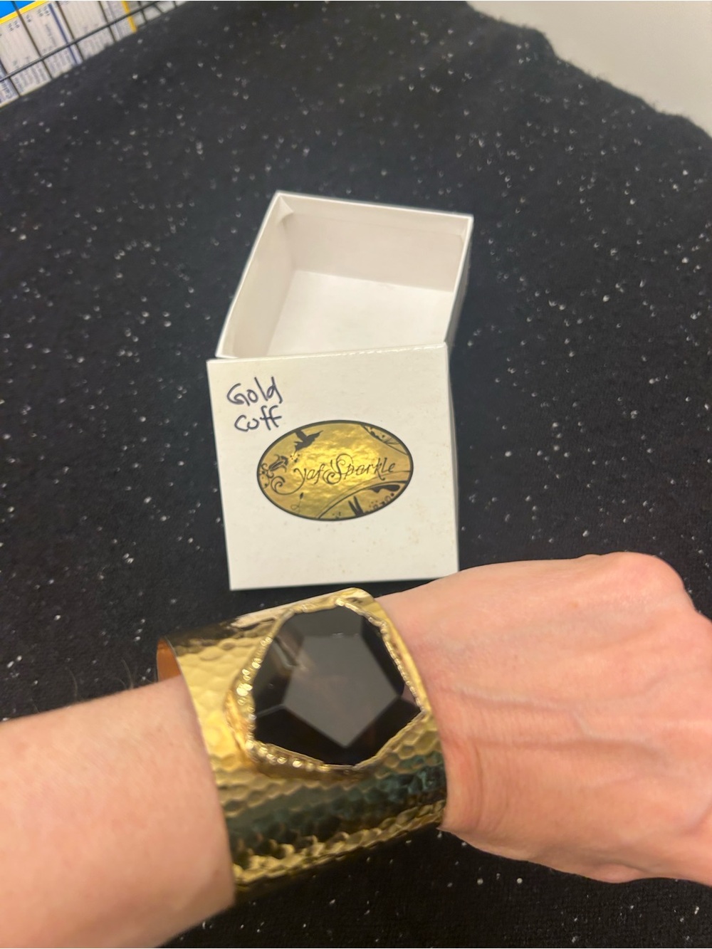Gold Hammered Cuff Bracelet with Black Gemstone